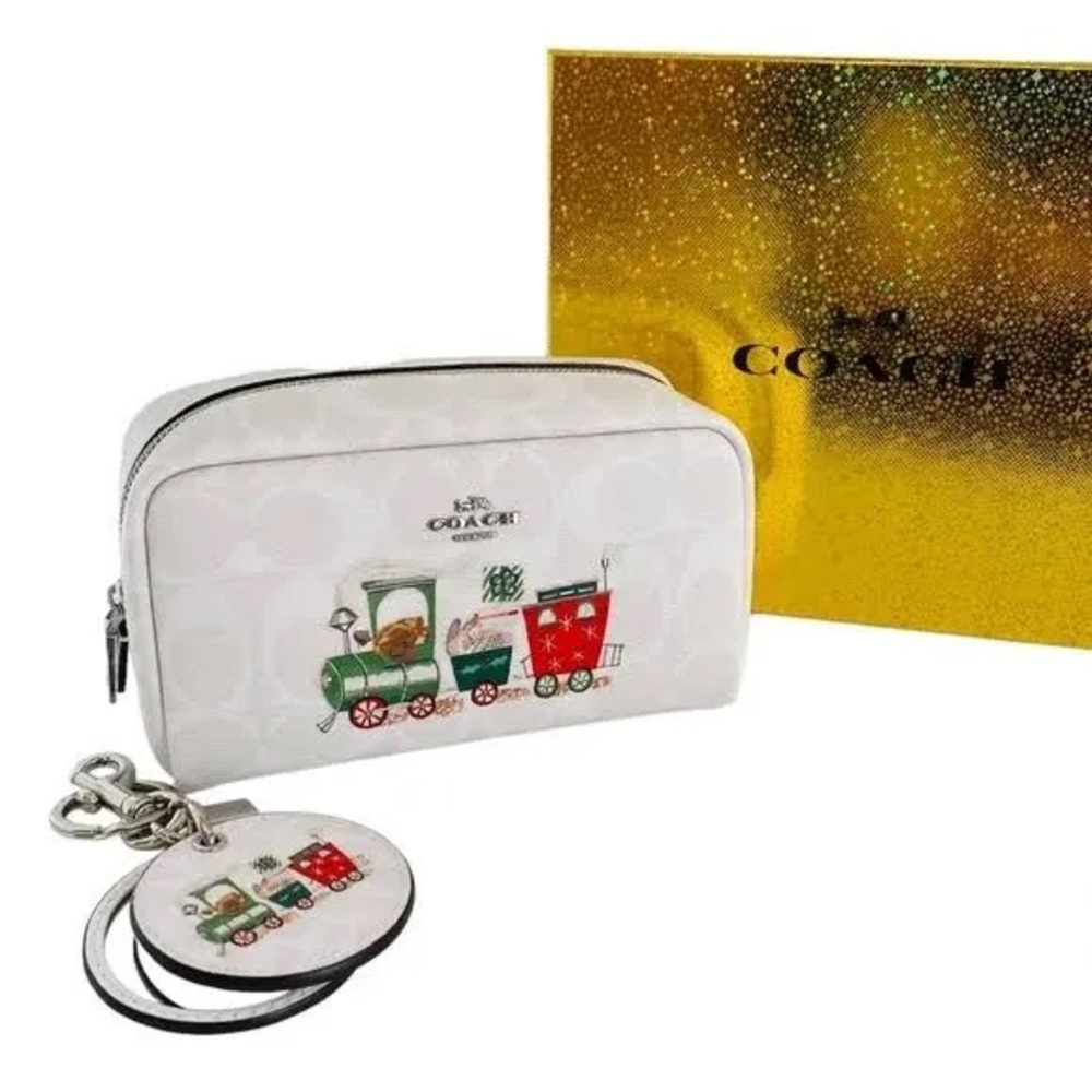 Coach Boxed Small Boxy Cosmetic Case And Mirror Bag Charm In Signature Canvas - Picture 2 of 6